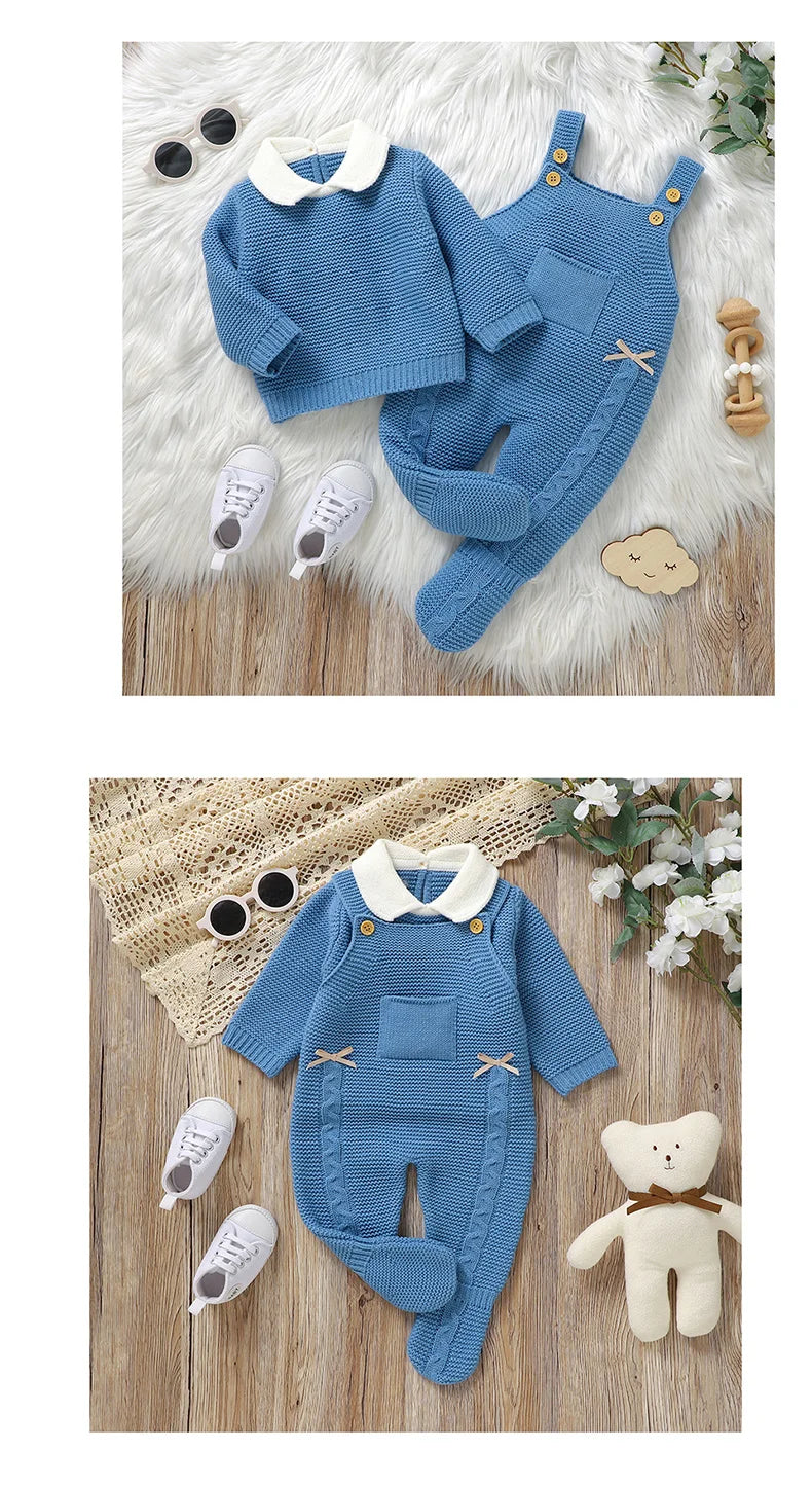 Ensemble de vêtements d'automne pour bébé, pull en tricot à manches longues + barboteuse sans manches pour nouveau-né + combinaison pour les pieds (0-9 mois)