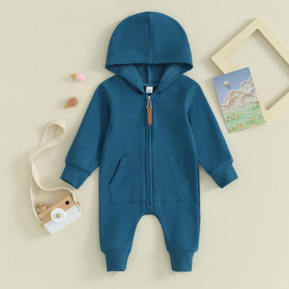 Combinaison Pudcoco pour nouveau-né, manches longues, capuche, fermeture éclair, couleur unie, pour garçons et filles de 0 à 12 mois