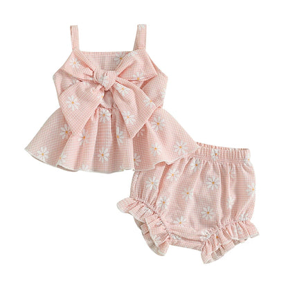 Tenues d'été pour bébés filles : ensemble débardeur sans manches et short élastique à gros nœud imprimé marguerites