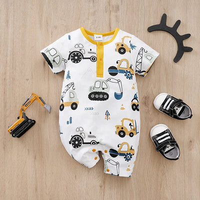 Body d'été pour bébé, motif voiture de dessin animé mignon, tout en coton, confortable, décontracté, col rond, manches courtes