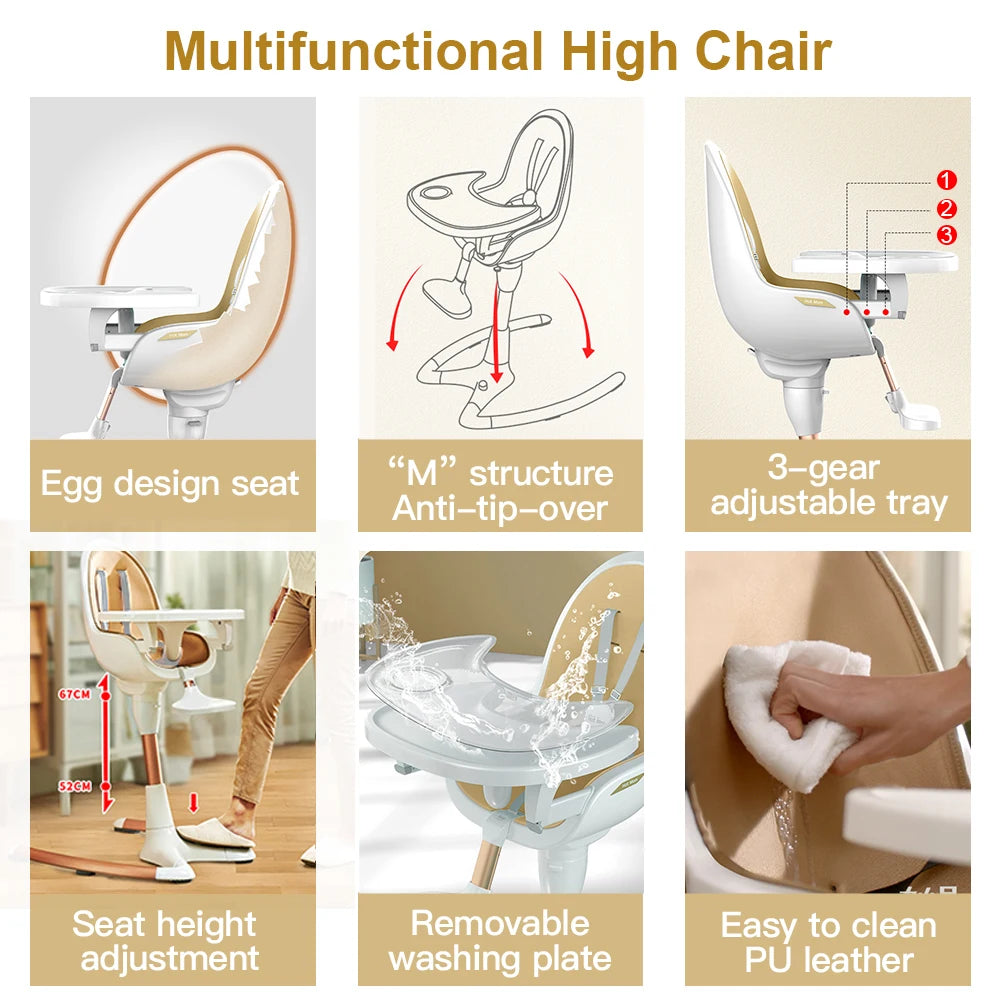 Hot Mom Baby High Chair With Adjustable Seat Height, Eating Chair with Foot Rest,Removable Tray,PU Leather Cushion