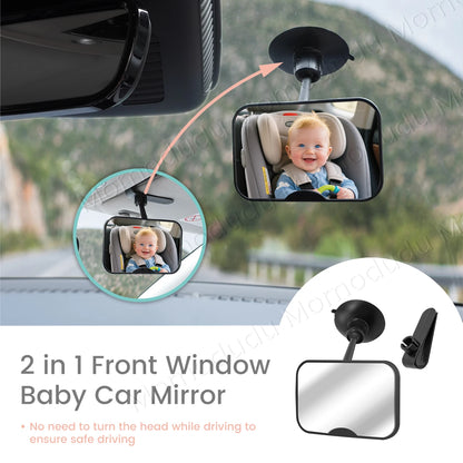 2-in-1 Black Adjustable Car Seat Mirror 360° Rotatable Shatterproof Suction Cups Easy Install for Rear-Facing Kids Monitoring