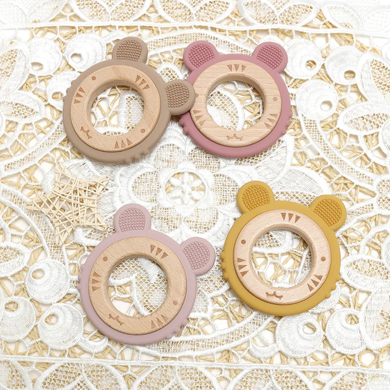 1 anneau de dentition en silicone pour bébé, sans BPA, mignon, dessin animé, pendentif tigre, jouet de dentition, anneau en bois, accessoires à mâcher, jouets pour bébé