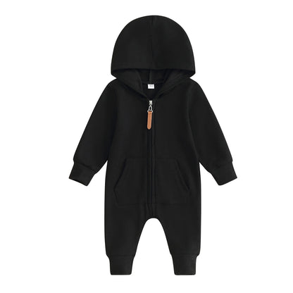 Combinaison Pudcoco pour nouveau-né, manches longues, capuche, fermeture éclair, couleur unie, pour garçons et filles de 0 à 12 mois