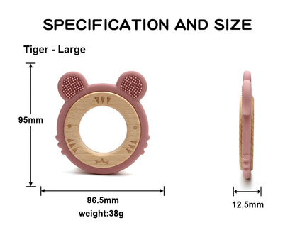 1 anneau de dentition en silicone pour bébé, sans BPA, mignon, dessin animé, pendentif tigre, jouet de dentition, anneau en bois, accessoires à mâcher, jouets pour bébé