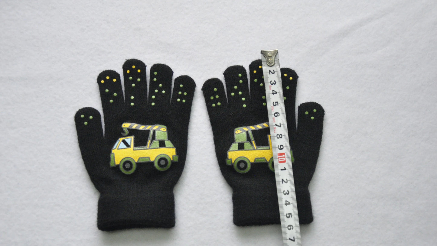 5-11Y Children Cartoon Vehicle Plush Warm Gloves For Boys Girls Student Winter Knitted Mittens Outdoor Cycling Skiing Gloves New