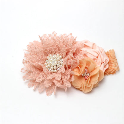 Baby Birthday Headband Photo Props Headwear Chiffon Flower with Diamond Lace Wide Headband for Baby Girls Headwrap Infant Turban