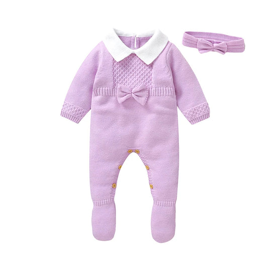 Barboteuse en tricot pour bébé fille de 0 à 9 mois, manches longues, revers, nœud sur le devant, pull à pieds avec bandeau