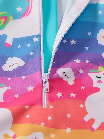 Maillot de bain arc-en-ciel pour fille, manches longues, bas de bikini, imprimés colorés et joyeux, motif animal et cheval fantaisiste