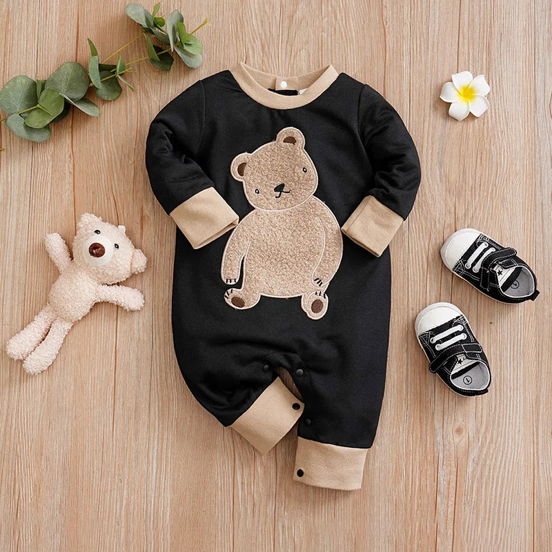 Body bébé à manches longues et courtes brodé en peluche pour garçons et filles, motif ours en peluche mignon, printemps et automne