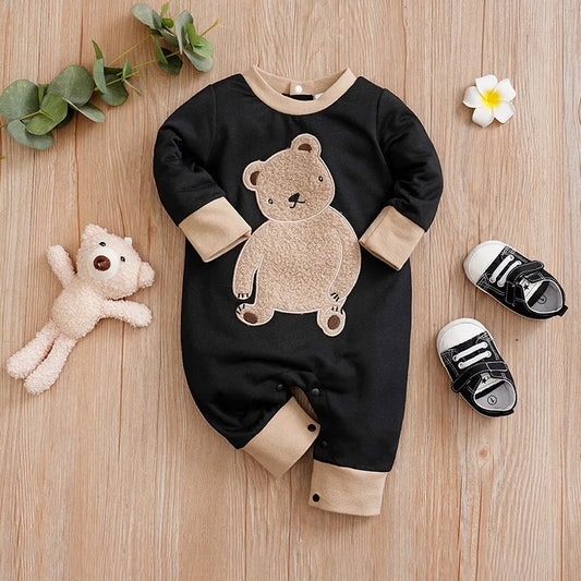 Body bébé à manches longues et courtes brodé en peluche pour garçons et filles, motif ours en peluche mignon, printemps et automne