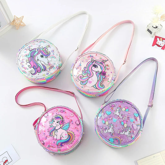 Kids Accessories Summer Lovely Kids Girls Sequin Crossbody Bag 3 Colors Cartoon Printed Round Shoulder Bag with Adjustable Strap