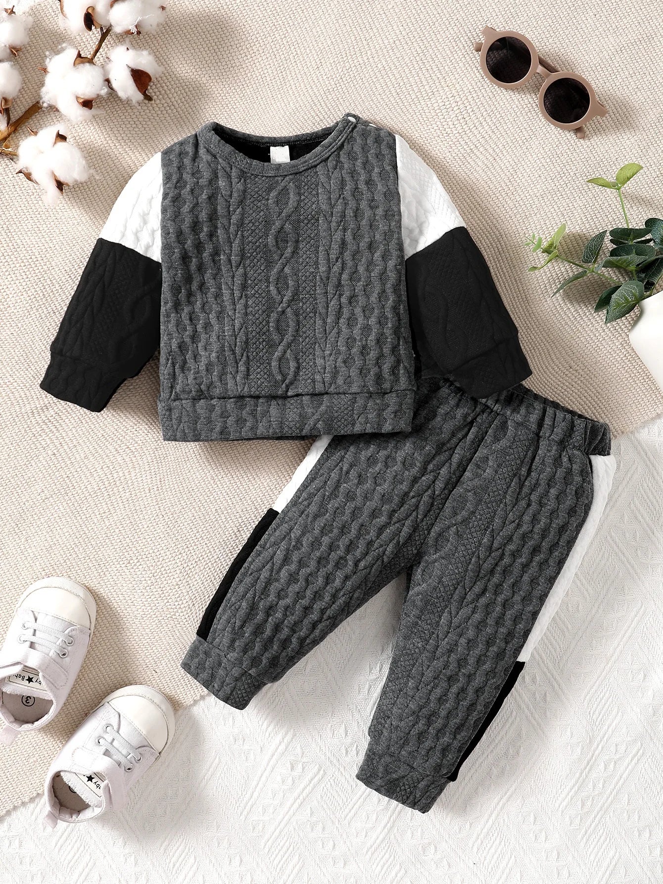 Ensemble de vêtements d'hiver pour garçons, décontracté, avec boucle sur l'épaule, manches longues, en coton et soie épais, blanc, noir, gris, coutures, manches longues, mode garçon
