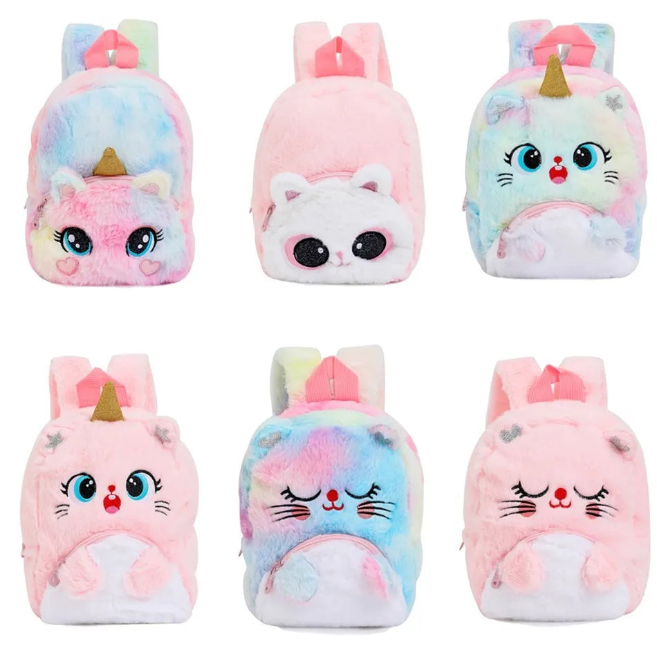 Girls and Boys Kindergarten Shoulders Bags Children's Cartoon Unicorn Plush Big Eyed Backpack Children's Colorful Plush Backpack