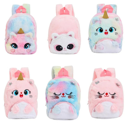 Girls and Boys Kindergarten Shoulders Bags Children's Cartoon Unicorn Plush Big Eyed Backpack Children's Colorful Plush Backpack