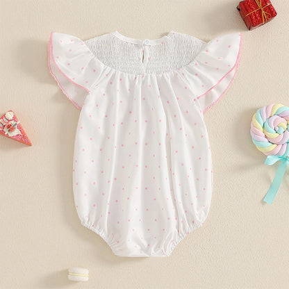 Tenue de premier anniversaire pour fille, gâteau d'anniversaire brodé, barboteuse à manches volantées, body smocké, tenues mignonnes pour bébé fille