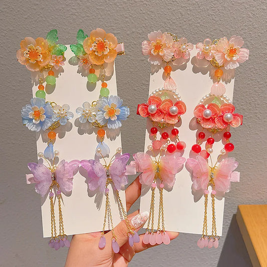 Children's Antique Style Tassel Hair Clip Headwear for Girls Hanfu Flower Hair Clip for Girls Bangs Hair Accessory