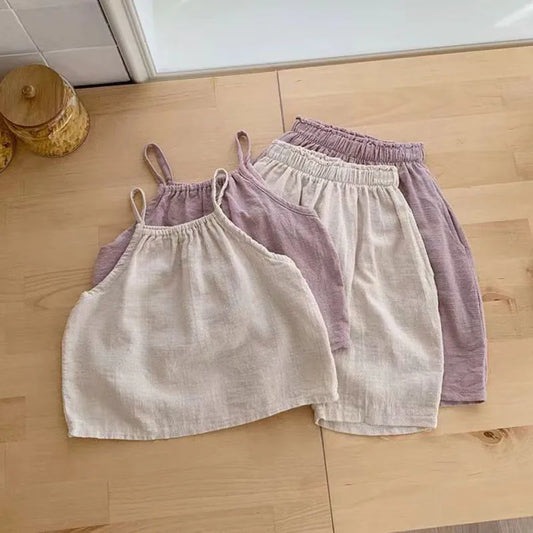 TZ2443 Bébé fille été nouveau design simple coton et lin couleur unie haut ample pantalon large vacances décontracté deux pièces