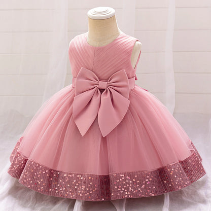 Robe de soirée à paillettes pour petite fille, tenue de bal de fin d'année, de mariage, de Noël, de 1er anniversaire, avec nœud, tenue de princesse en dentelle pour demoiselle d'honneur