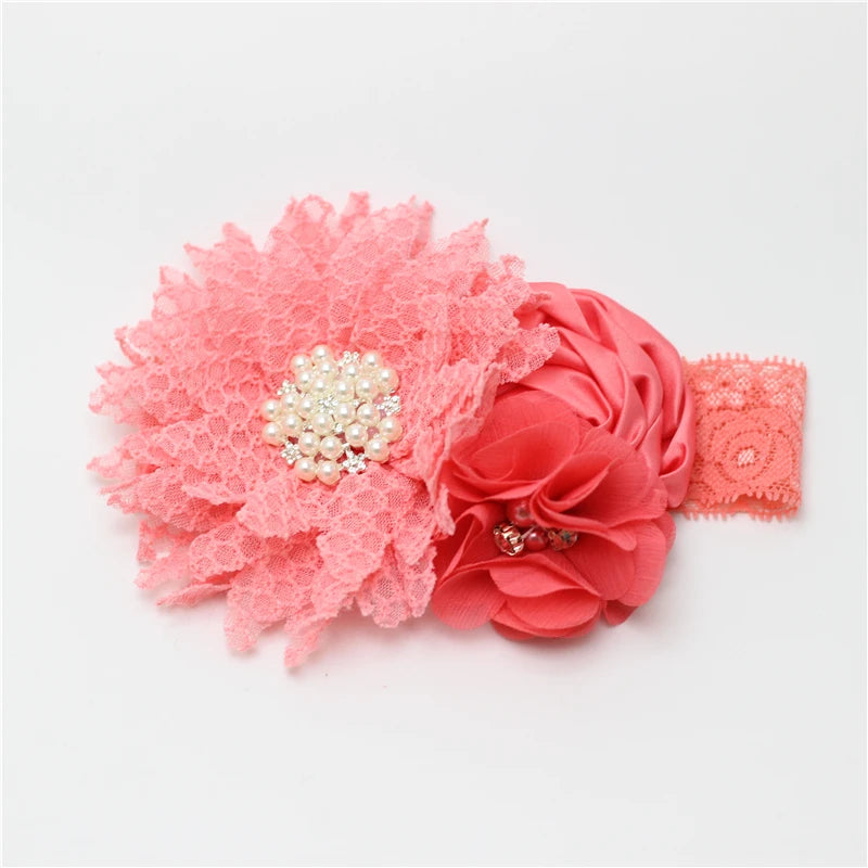 Baby Birthday Headband Photo Props Headwear Chiffon Flower with Diamond Lace Wide Headband for Baby Girls Headwrap Infant Turban