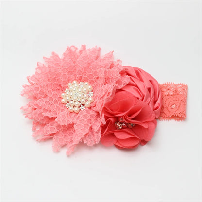 Baby Birthday Headband Photo Props Headwear Chiffon Flower with Diamond Lace Wide Headband for Baby Girls Headwrap Infant Turban