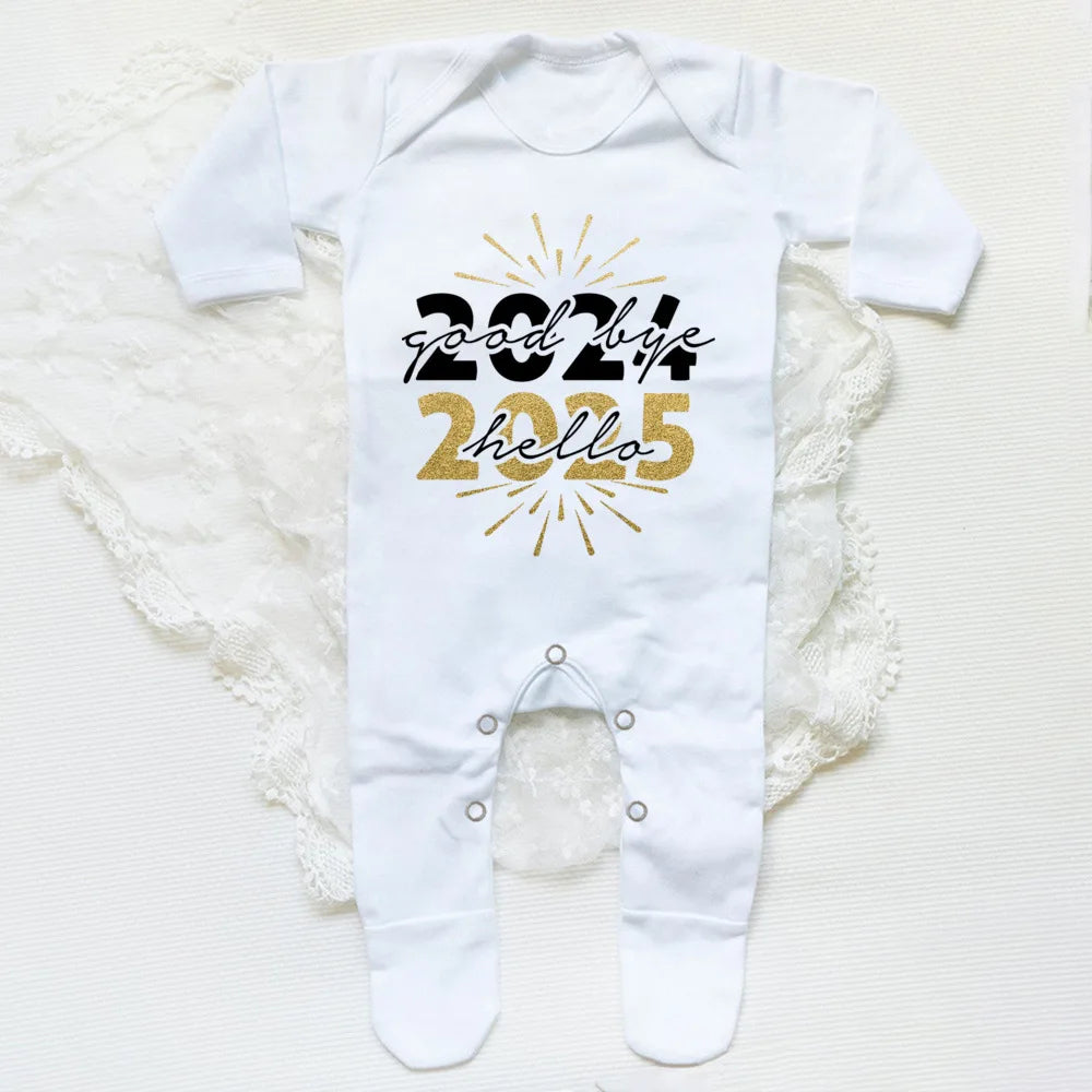 Combinaison de nuit imprimée Hello 2025 pour bébé, barboteuse, bonne année, nouveau-né, combinaison, pieds pour bébé, body à manches longues