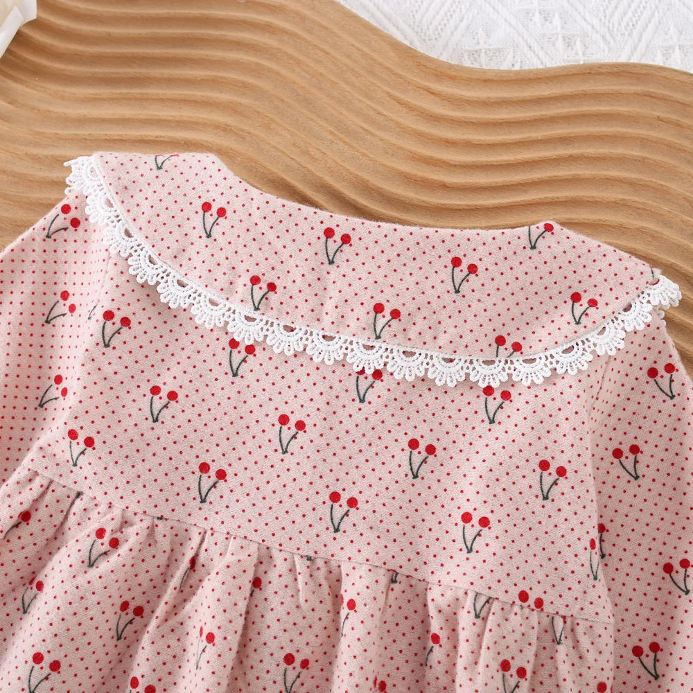 Jupe pour enfants de 0 à 3 ans, nouvelle collection printemps-automne, robe fraîche à motif de cerises, avec nœud décoratif et col haut