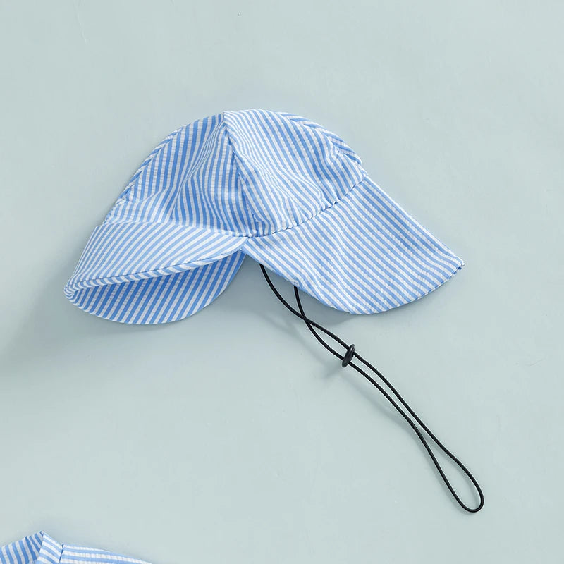 Maillots de bain d'été pour bébés garçons, imprimés rayés, fermeture éclair, col rond, manches courtes, combinaisons anti-éruption cutanée, chapeaux, maillots de bain