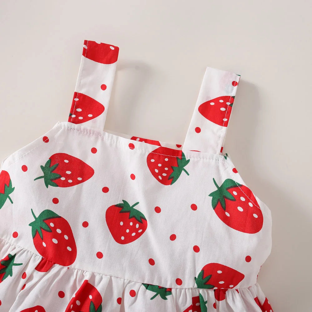 Ensemble robe et chapeau d'été pour bébé fille, 2 pièces, robe décontractée à petits pois ronds, imprimé fraise, nœud sur le devant, pour tous les jours