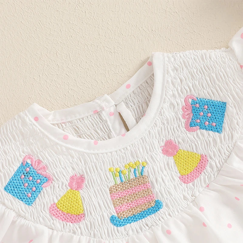 Tenue de premier anniversaire pour fille, gâteau d'anniversaire brodé, barboteuse à manches volantées, body smocké, tenues mignonnes pour bébé fille