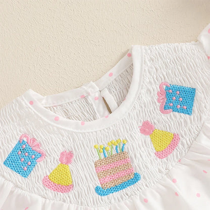 Tenue de premier anniversaire pour fille, gâteau d'anniversaire brodé, barboteuse à manches volantées, body smocké, tenues mignonnes pour bébé fille
