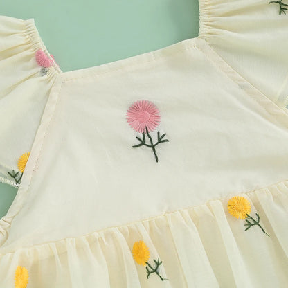 Vêtements pour nouveau-nés et nourrissons, barboteuse d'été pour bébés filles, manches volantées, broderie florale, combinaison avec bandeau
