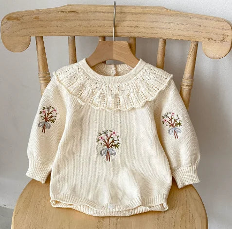 Body tricoté pour nouveau-né fille, couleur unie, ajouré, manches longues, automne, printemps, combinaison tricotée pour bébé fille