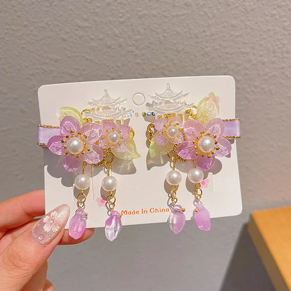 Children's Antique Style Tassel Hair Clip Headwear for Girls Hanfu Flower Hair Clip for Girls Bangs Hair Accessory