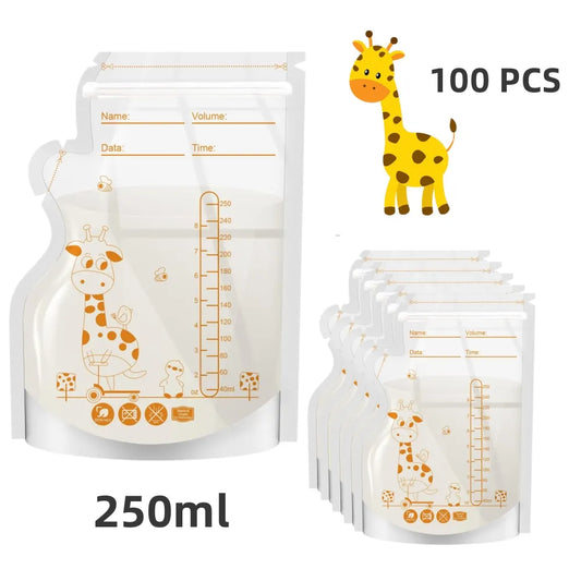 Sachets de conservation du lait maternel PE Giraffe, 250 ml, 30 pièces/60 pièces par paquet, étiquettes pré-adhésives, sans BPA, étanches,