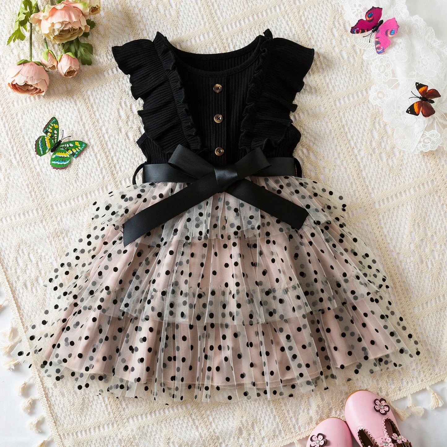 Robes d'été à pois pour filles, style coréen, jolies robes superposées, sans manches, décontractées, pour enfants de 2, 4 et 6 ans