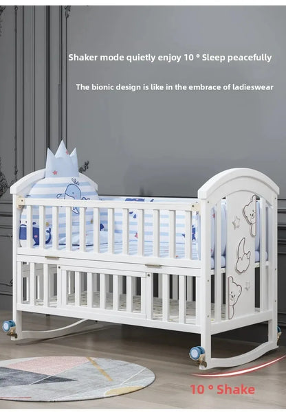 2025New Solid Wood Baby Crib Movable Splicing Bed Multifunctional Baby Rocking Bed Adjustable Guardrail Height with Mosquito Net