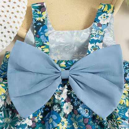 (Robe 2 pièces) Ensemble de robes d'été pour filles, imprimé floral + chapeau, nœud, ruban, licou, robe de princesse douce, robe d'équipe de fête d'anniversaire