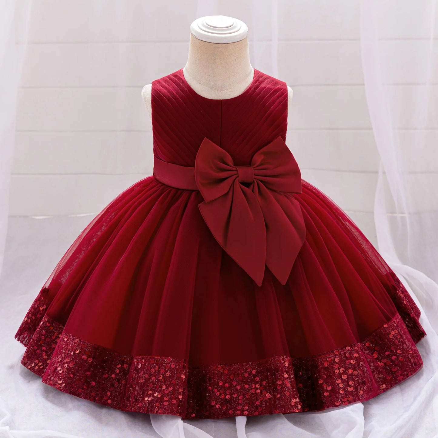 Robe de soirée à paillettes pour petite fille, tenue de bal de fin d'année, de mariage, de Noël, de 1er anniversaire, avec nœud, tenue de princesse en dentelle pour demoiselle d'honneur