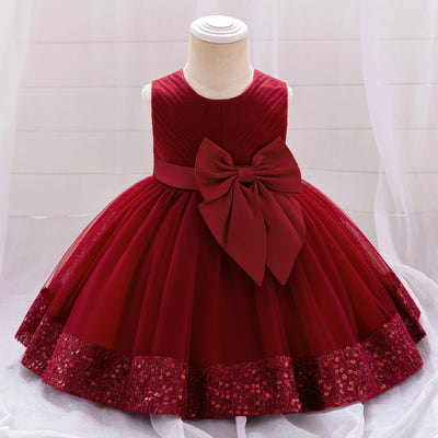 Robe de soirée à paillettes pour petite fille, tenue de bal de fin d'année, de mariage, de Noël, de 1er anniversaire, avec nœud, tenue de princesse en dentelle pour demoiselle d'honneur