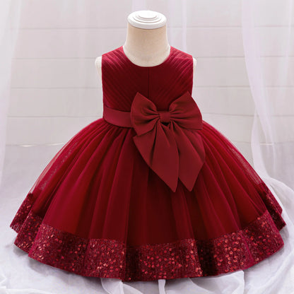 Robe de soirée à paillettes pour petite fille, tenue de bal de fin d'année, de mariage, de Noël, de 1er anniversaire, avec nœud, tenue de princesse en dentelle pour demoiselle d'honneur