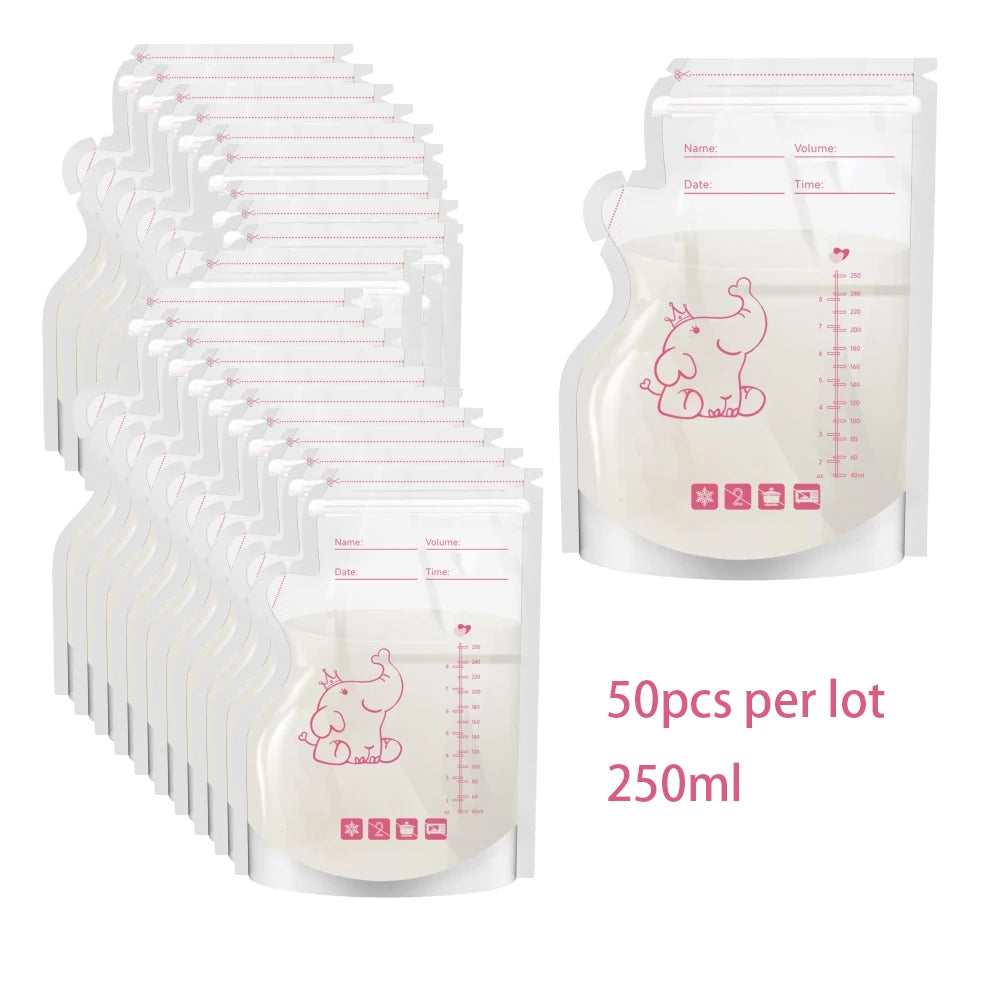 Lot de 50 sachets de conservation du lait maternel pré-stérilisés, anti-fuites, sans BPA, jetables, pour le stockage du lait maternel, pour le pompage et la congélation, motif éléphant