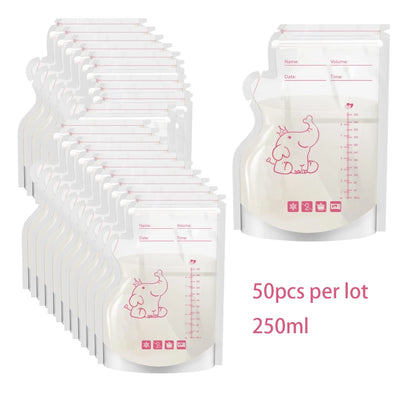 Lot de 50 sachets de conservation du lait maternel pré-stérilisés, anti-fuites, sans BPA, jetables, pour le stockage du lait maternel, pour le pompage et la congélation, motif éléphant