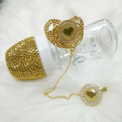 Dollbling Handmade Crystal Gold Baby Bottle and Pacifier Clips Set  0-6m Infant Girl Newborn Angle Wing Crown Nursery Decoration