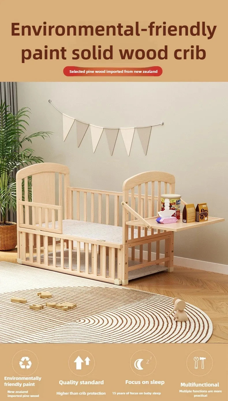 2025 New Baby Comfortable Sleeping Bed Solid Wood Newborn Baby Bed Multifunctional Baby Rocking Bed with Wheels and Mosquito Net