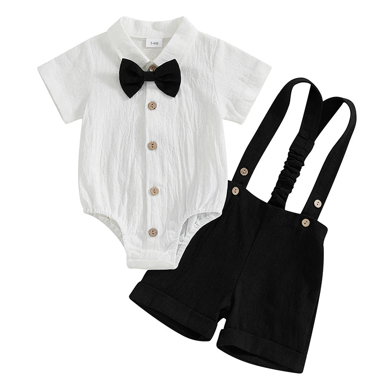 Ensemble 3 pièces pour bébé garçon, barboteuse à manches courtes et col à revers, couleur unie, avec short à bretelles et nœud papillon