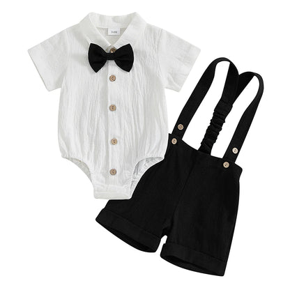 Ensemble 3 pièces pour bébé garçon, barboteuse à manches courtes et col à revers, couleur unie, avec short à bretelles et nœud papillon