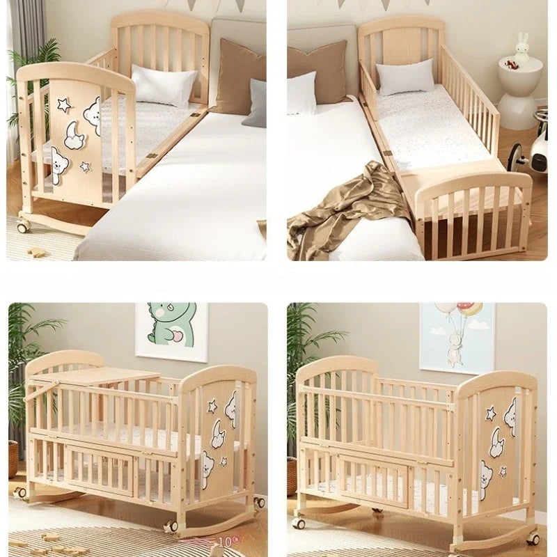 2025 New Baby Comfortable Sleeping Bed Solid Wood Newborn Baby Bed Multifunctional Baby Rocking Bed with Wheels and Mosquito Net