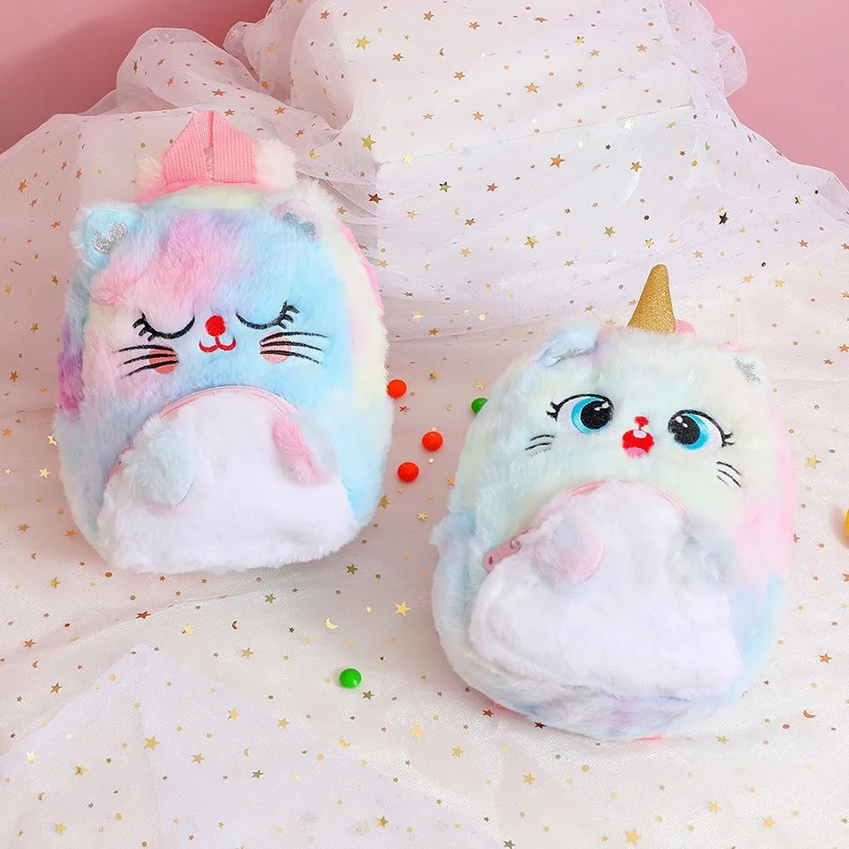 Girls and Boys Kindergarten Shoulders Bags Children's Cartoon Unicorn Plush Big Eyed Backpack Children's Colorful Plush Backpack