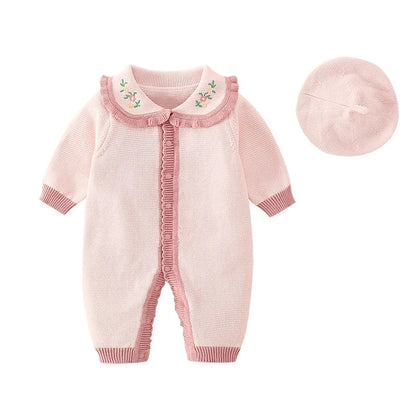 Barboteuse tricotée en coton à manches longues pour nouveau-né fille, col brodé, combinaison pour bébé fille, automne-hiver 2024